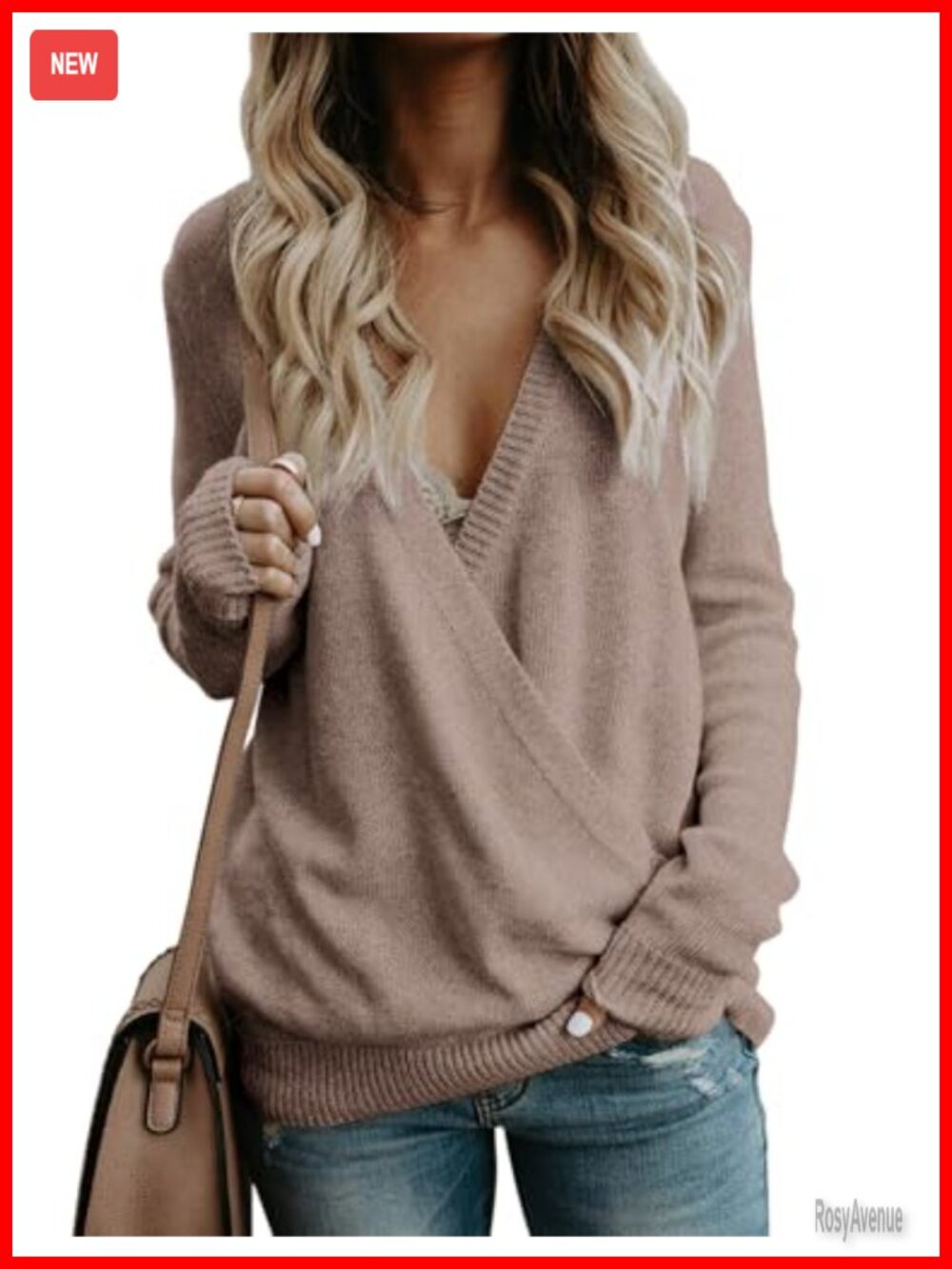 Women's Long Sleeve Wrap Sweater V-Neck Oversized Knit Pullover